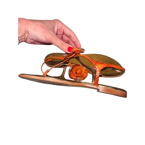 Vince Camuto Orange Snake-Embossed Flat Sandals 9 Gold Leather Flower Accent - Picture 10 of 11
